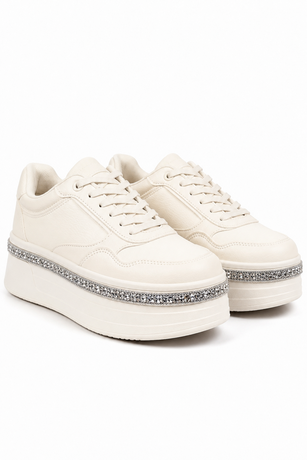 Crystal Diamante Trim Platform Trainers Nude