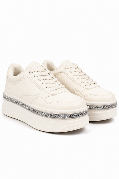 Crystal Diamante Trim Platform Trainers Nude