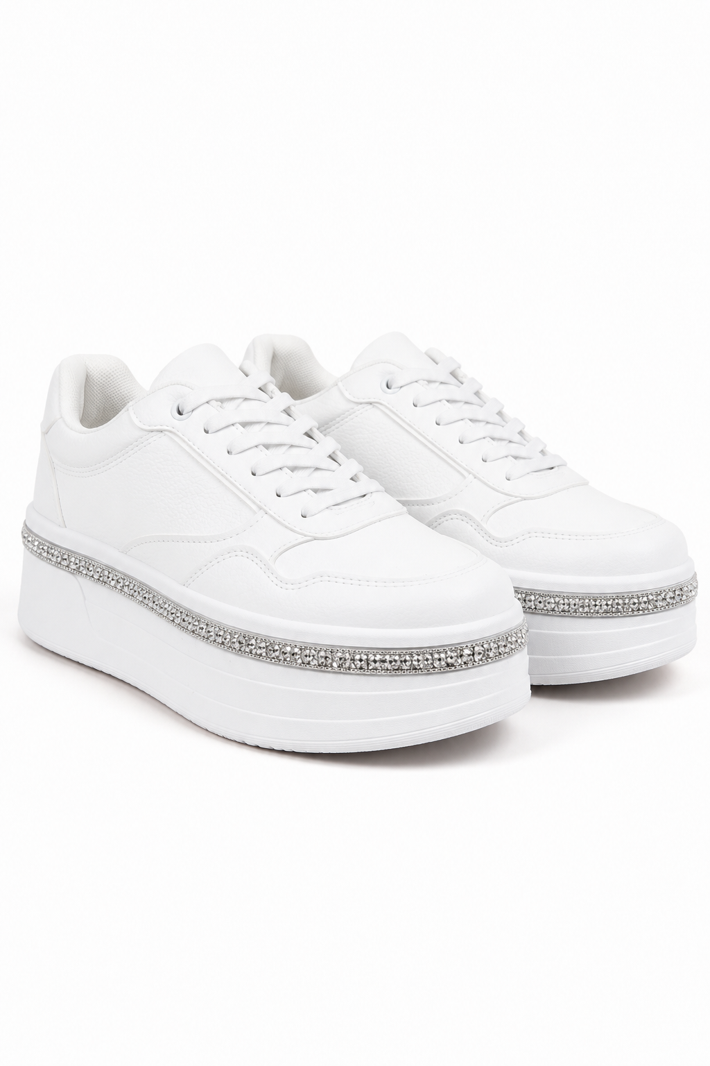 Crystal Diamante Trim Platform Trainers White