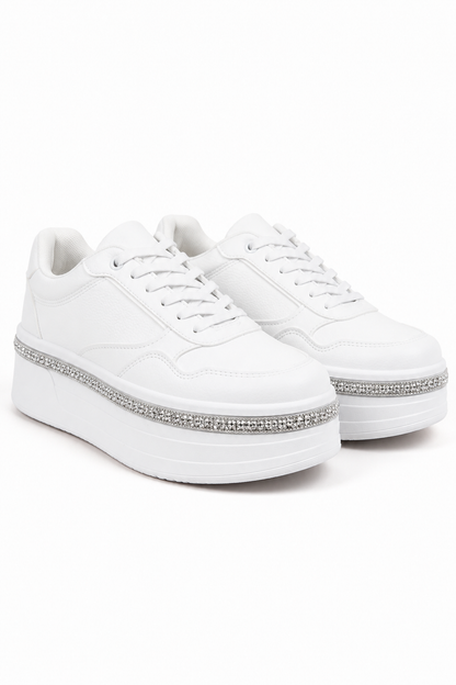 Crystal Diamante Trim Platform Trainers White