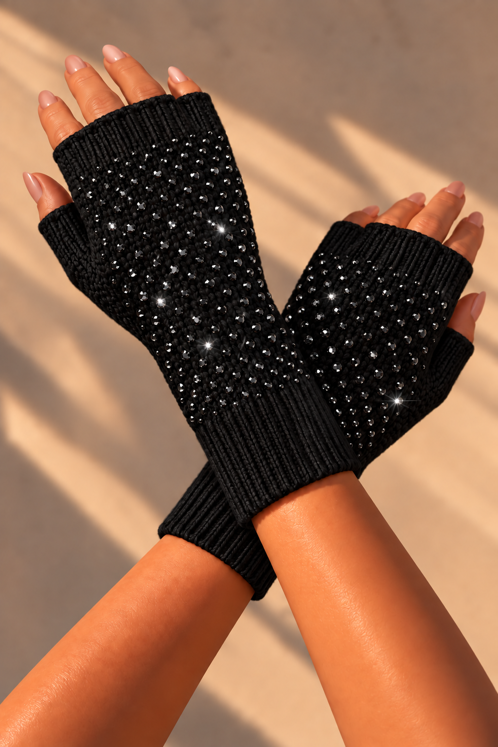 Crystal Droplet Fingerless Sparkly Gloves Black