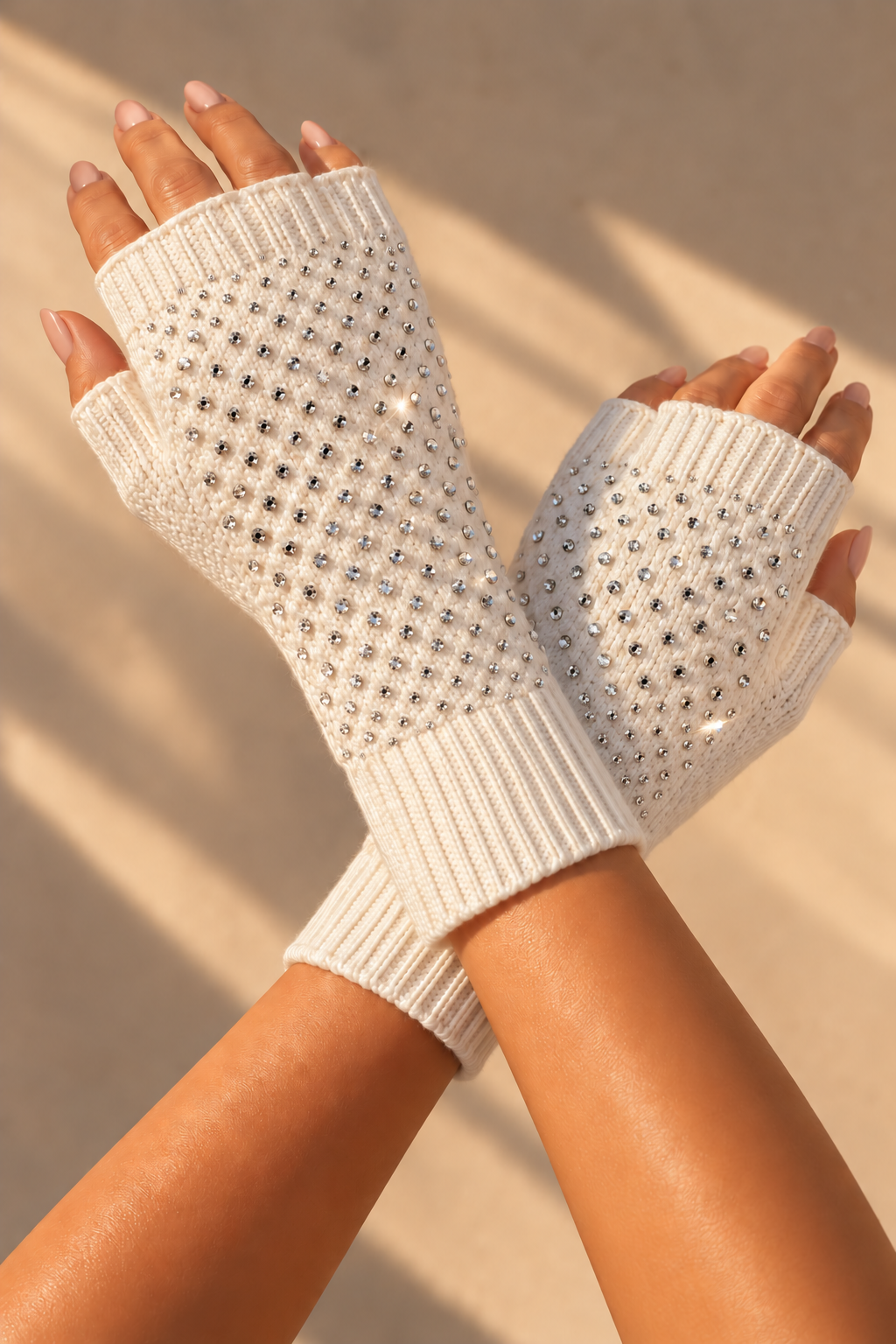 Crystal Droplet Fingerless Sparkly Gloves Cream