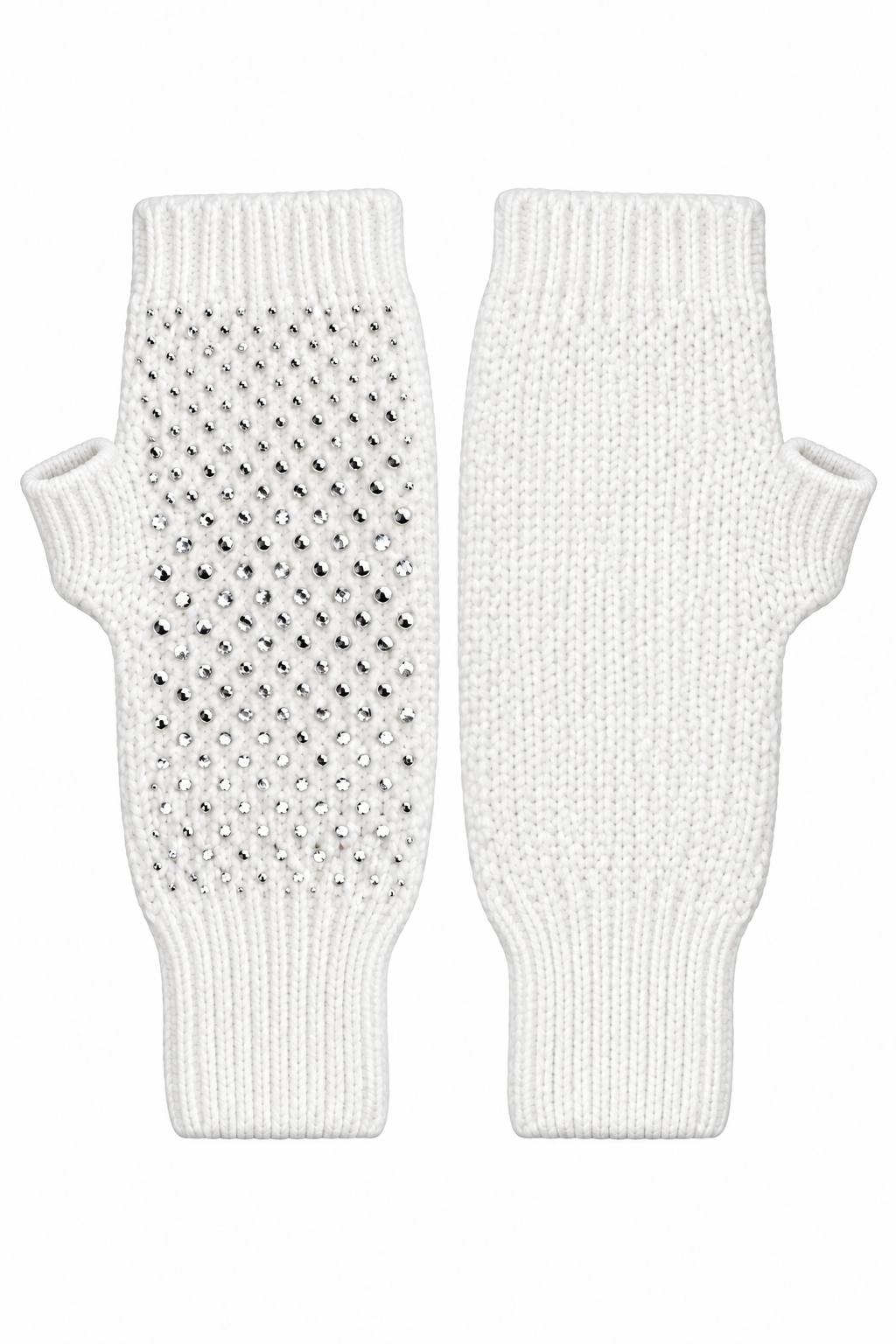 A pair of white knit fingerless gloves or mittens shown flat against a white background, with one glove displaying a textured pattern of small silver rhinestones and the other showing the plain knit texture.
