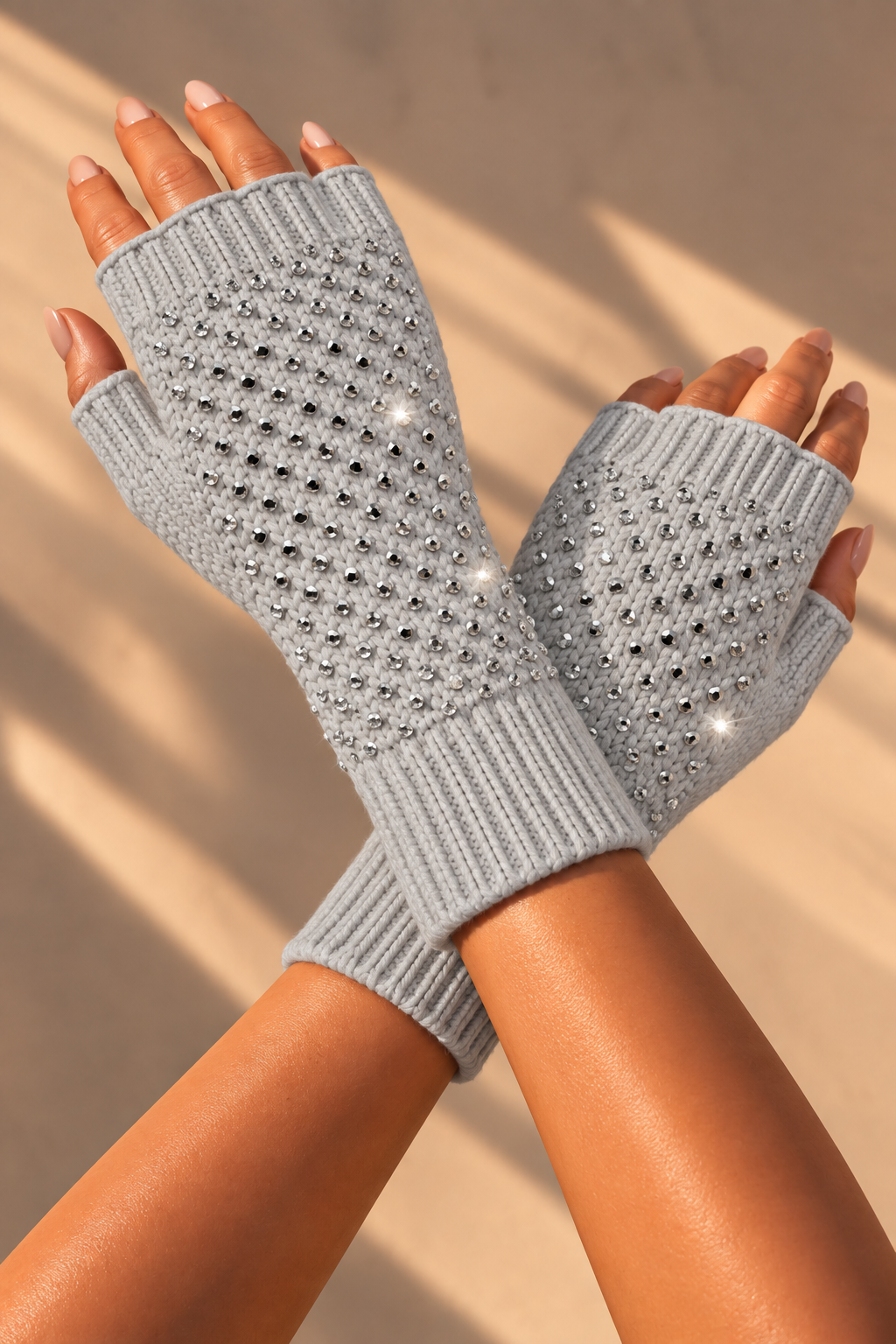 Crystal Droplet Sparkly Fingerless Gloves Grey