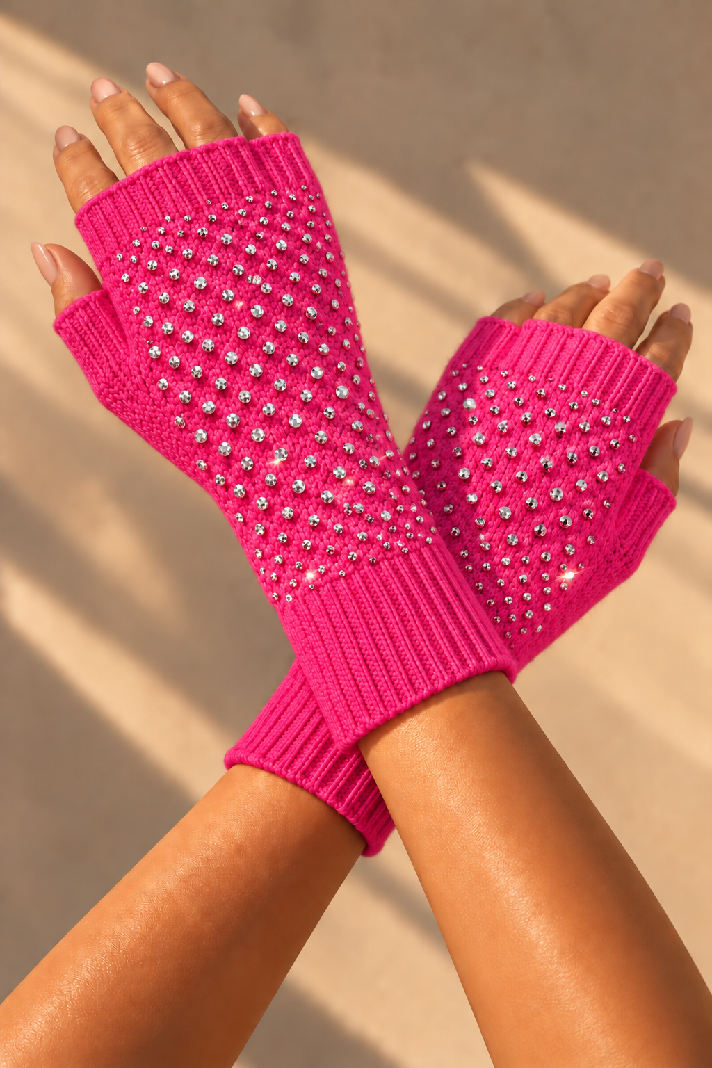 Crystal Sparkly Droplet Fingerless Gloves Hot Pink