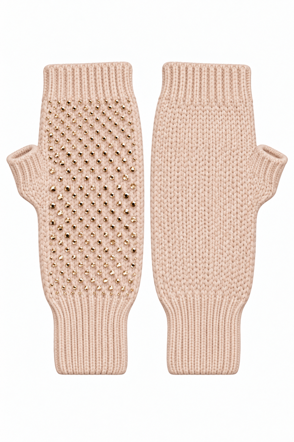 A pair of light beige knit fingerless gloves, showing both the front and back views. The front view features a textured, openwork pattern embellished with small gold studs, while the back view shows a smooth, ribbed knit texture.