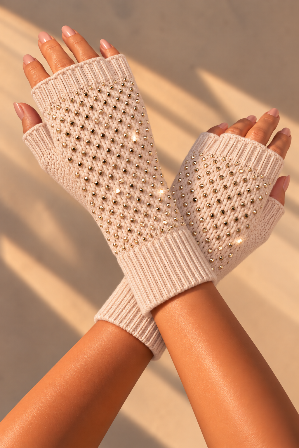 Crystal Droplet Sparkly Fingerless Gloves Rusty Pink