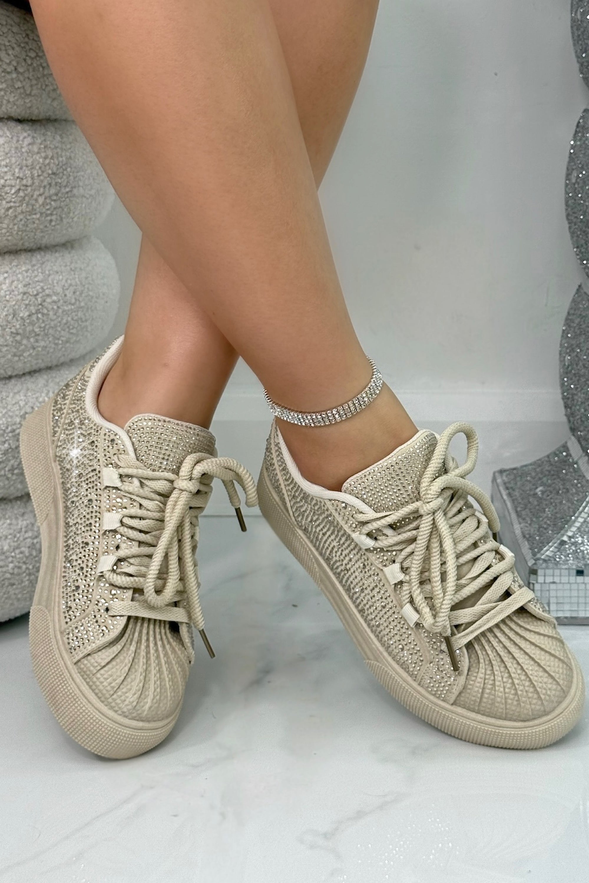 Crystal Embellished Aura Lace-Up Trainers Nude featuring crystal embellished detailing