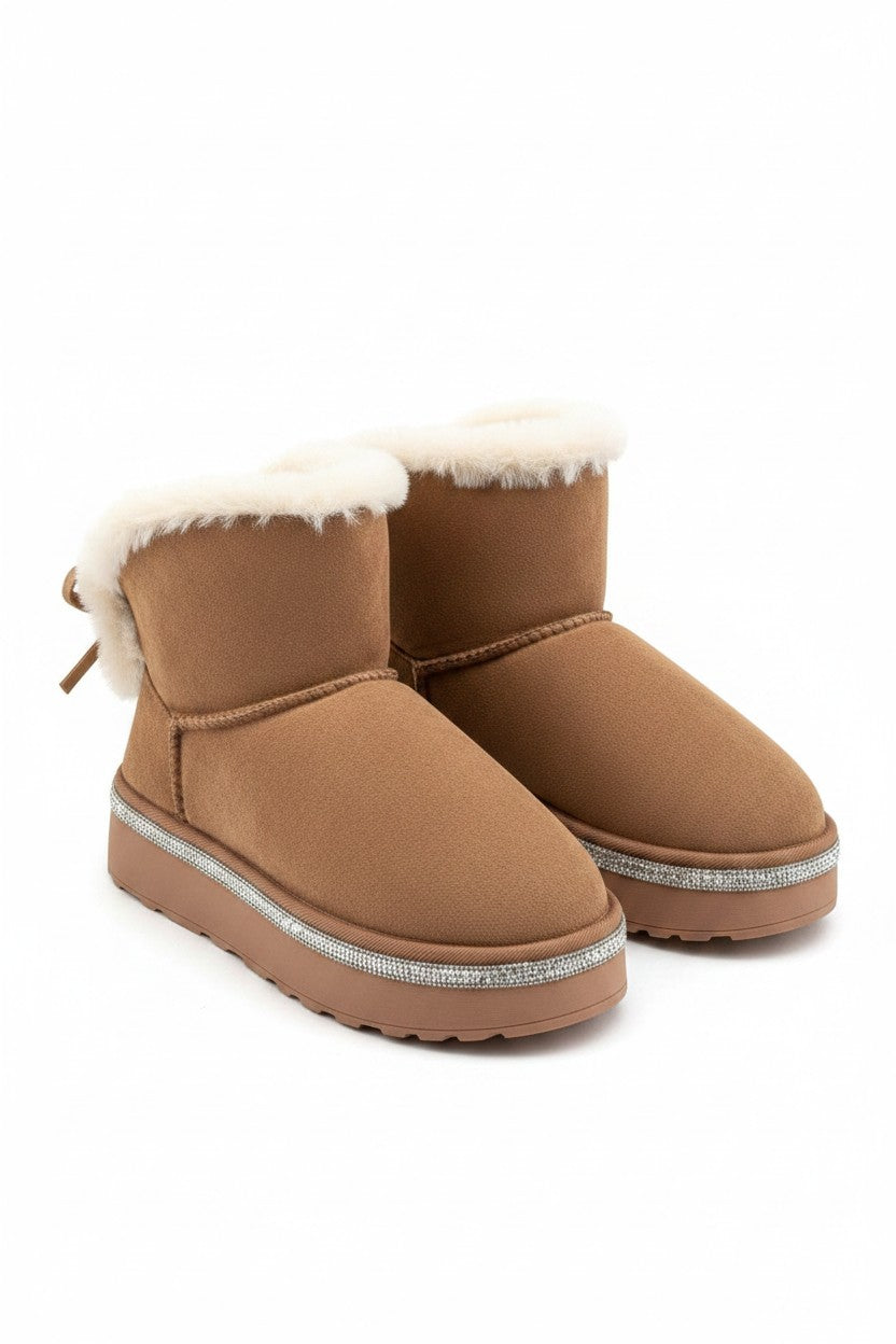 Crystal Faux Fur Bow Snugg Boots Brown