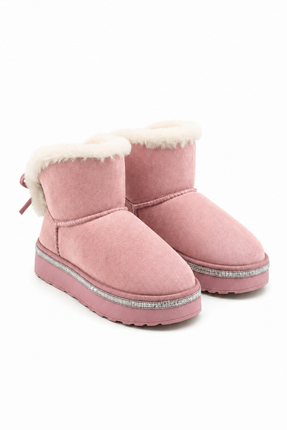 Crystal Faux Fur Bow Snugg Boots Pink