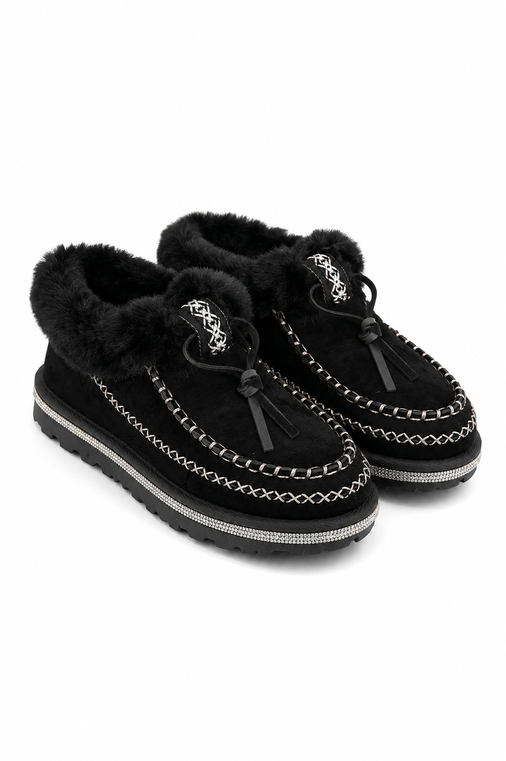 Crystal Faux Fur Lined Tazgirl Outdoor Slippers Black