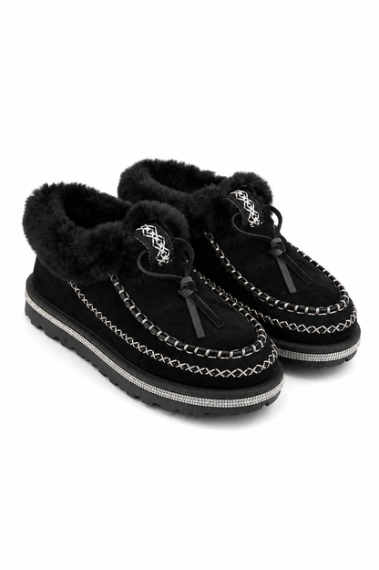 Crystal Faux Fur Lined Tazgirl Outdoor Slippers Black