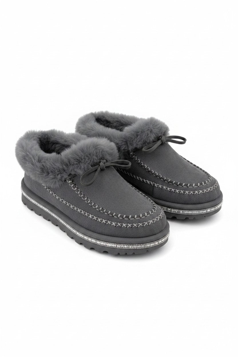 Crystal Faux Fur Lined Tazgirl Outdoor Slippers Grey