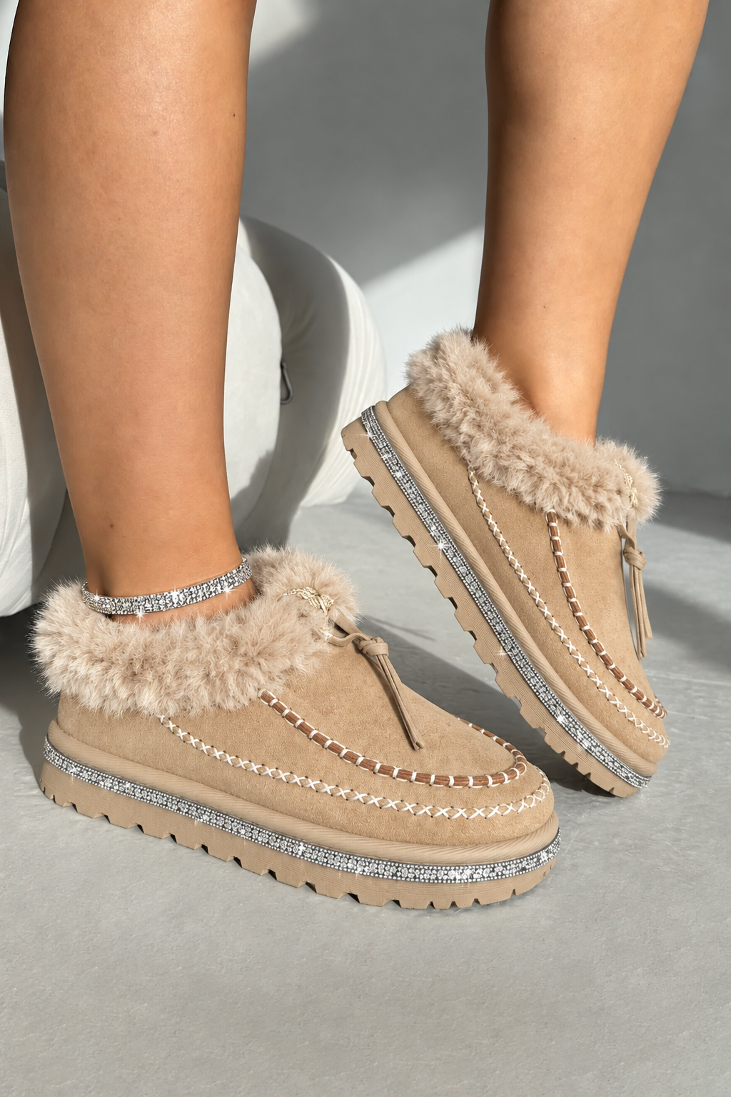 Crystal Faux Fur Lined Tazgirl Outdoor Slippers Nude