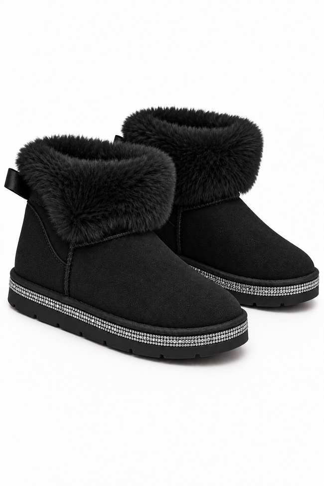 A pair of black suede ankle boots with plush black faux fur trim around the collar and a silver rhinestone-embellished band around the sole, shown on a white background.