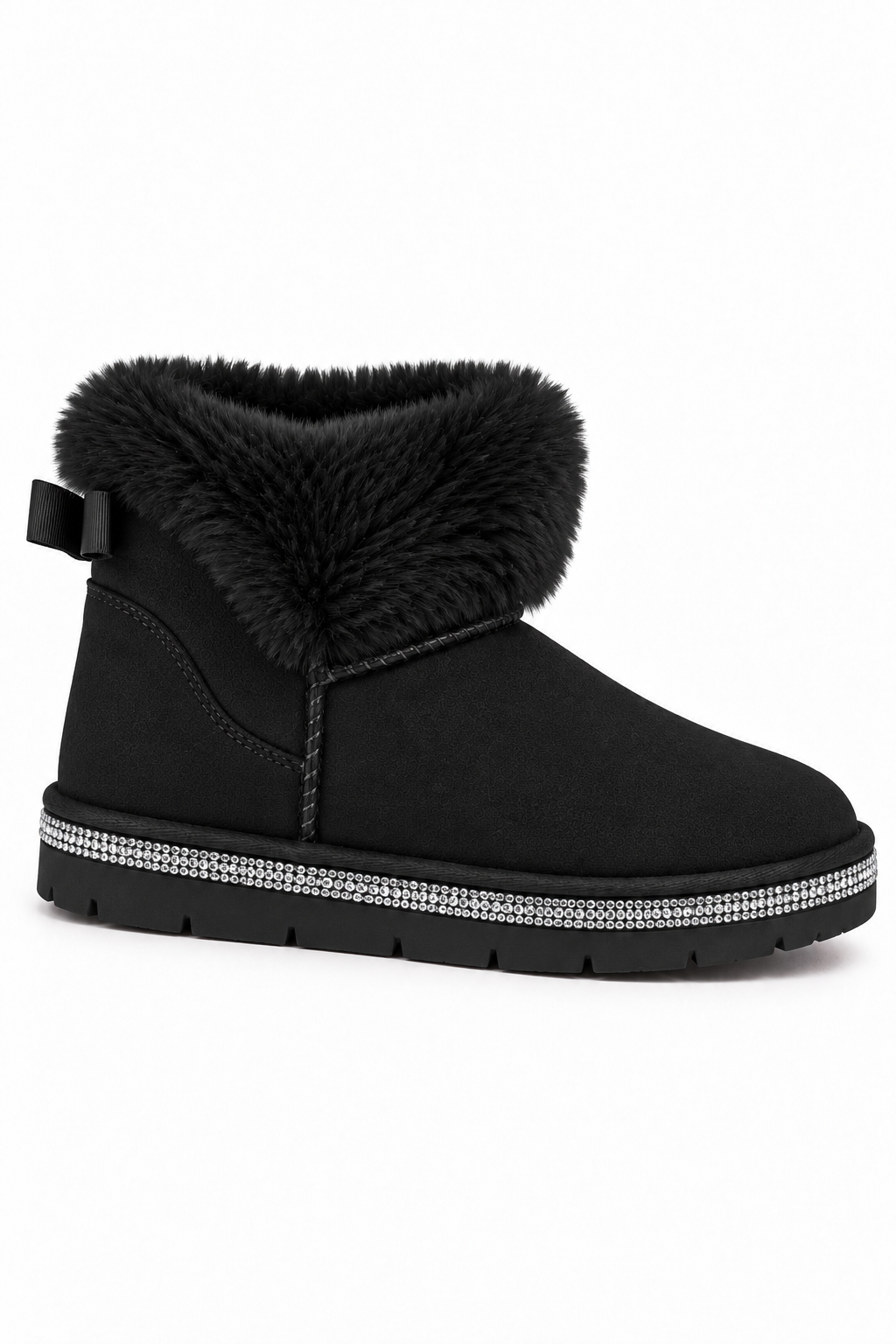 A single black suede ankle boot with a fluffy black faux-fur collar, a small black bow on the heel, and a silver rhinestone-embellished band around the sole, shown against a plain white background.