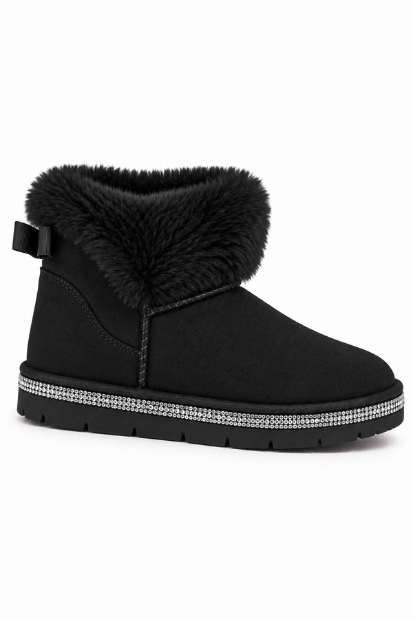 A single black suede ankle boot with a fluffy black faux-fur collar, a small black bow on the heel, and a silver rhinestone-embellished band around the sole, shown against a plain white background.