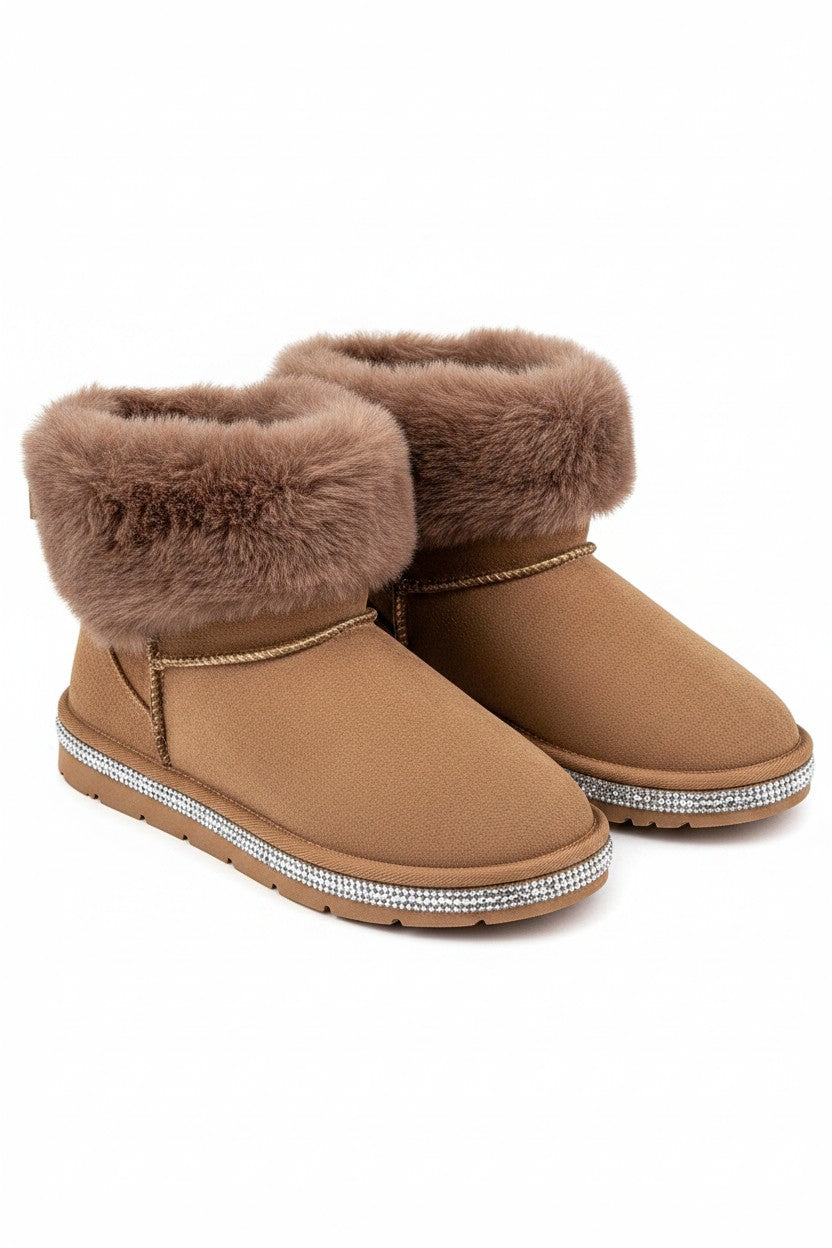 Crystal Faux Suede Snuggle Cloud Cuff Faux Fur Boots Brown