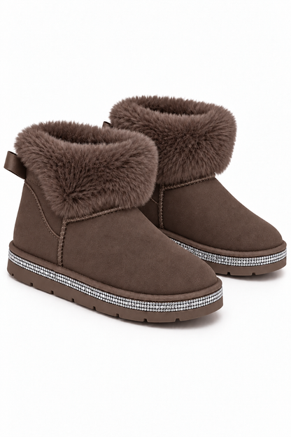 Crystal Faux Suede Snuggle Cloud Cuff Faux Fur Boots Brown