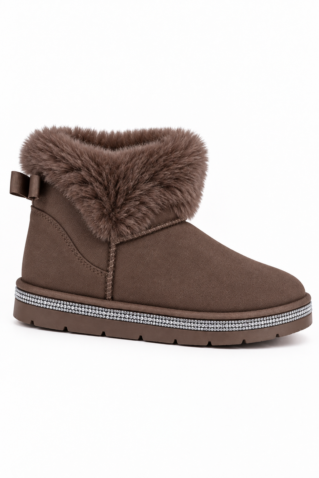 A single brown suede ankle boot with a fluffy faux-fur collar, a side bow detail, and a silver rhinestone-embellished midsole, shown against a plain white background.
