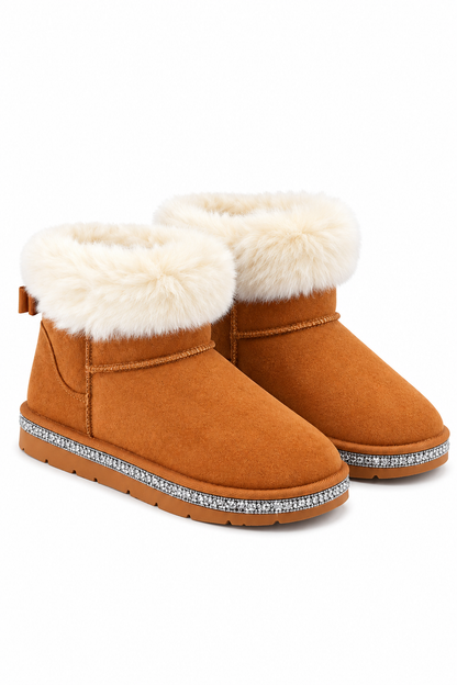 Crystal Faux Suede Snuggle Cloud Cuff Faux Fur Boots Camel