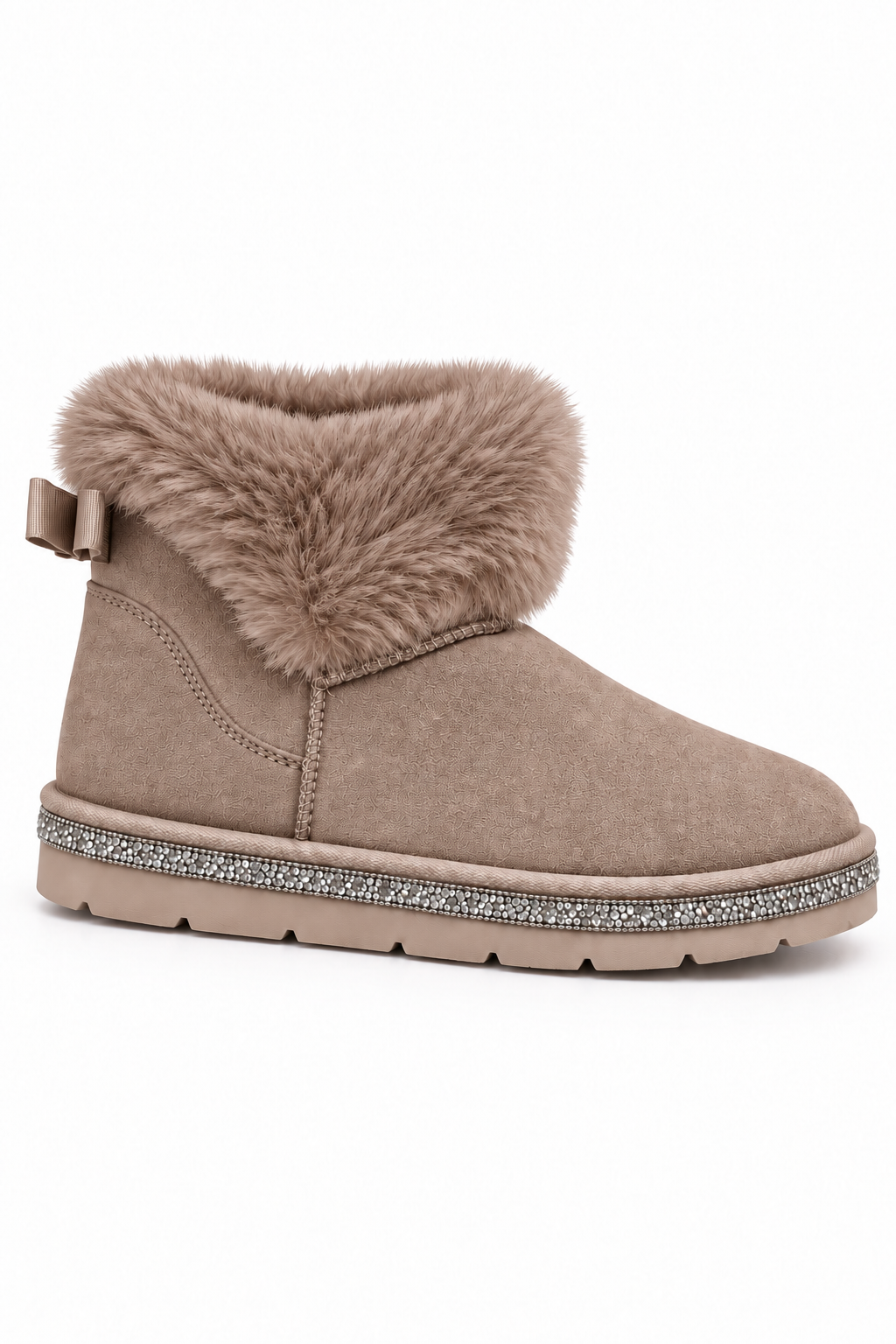 A taupe suede ankle boot with a fluffy faux-fur trim around the collar, a small side bow, and a silver rhinestone-embellished midsole, shown against a plain white background.