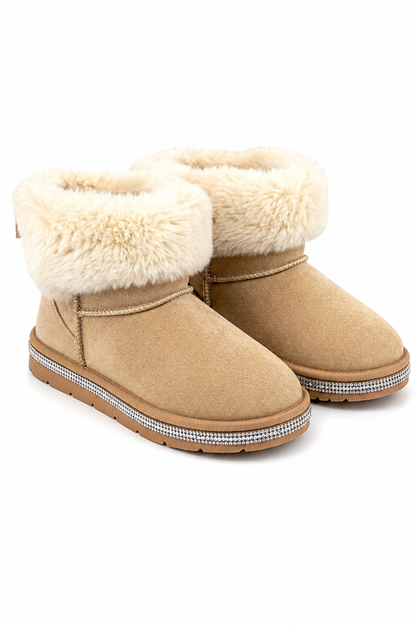 Crystal Faux Suede Snuggle Cloud Cuff Faux Fur Boots Nude