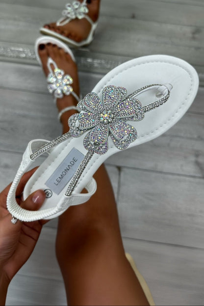 Crystal Flower Sandals White