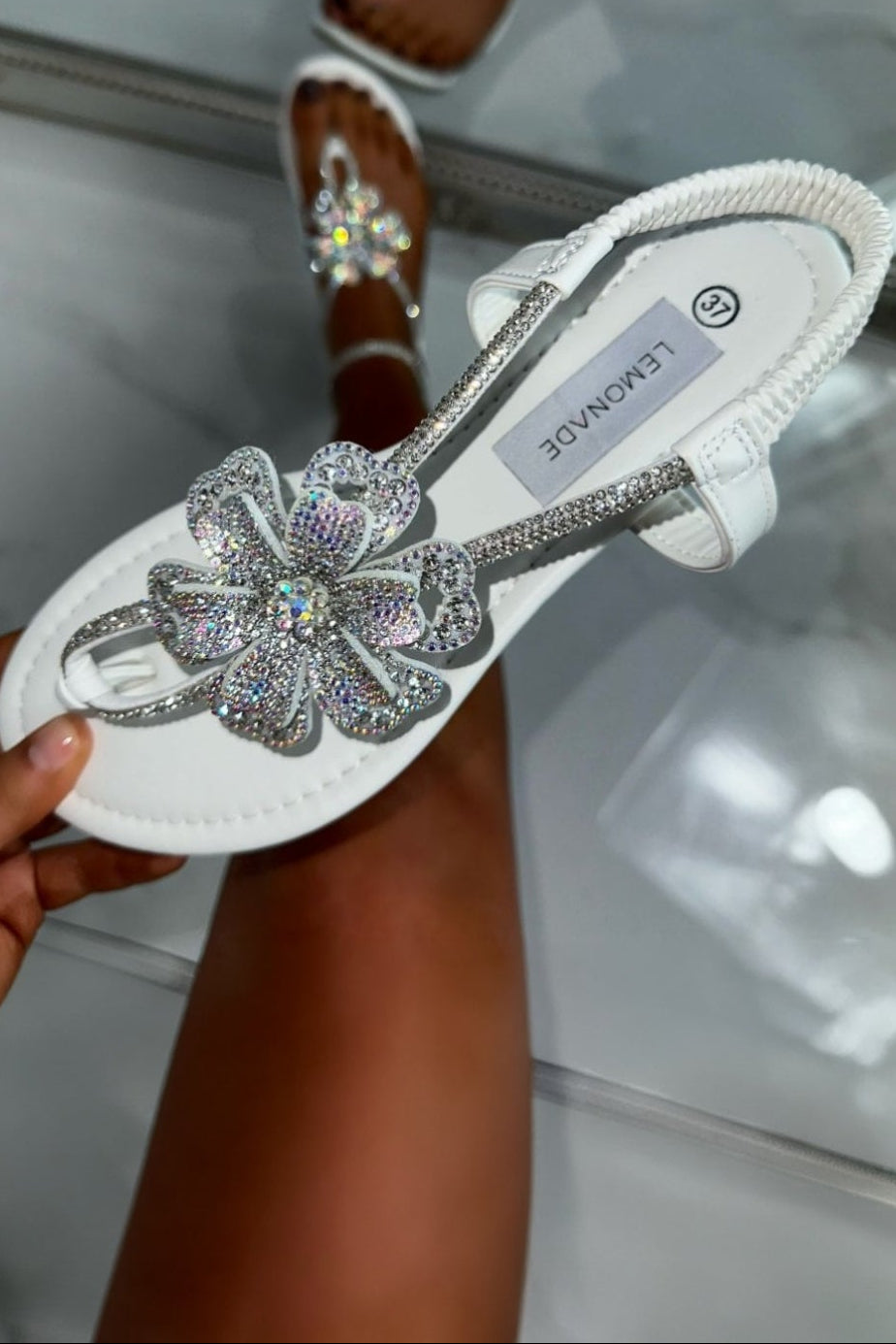 Crystal Flower Sandals White