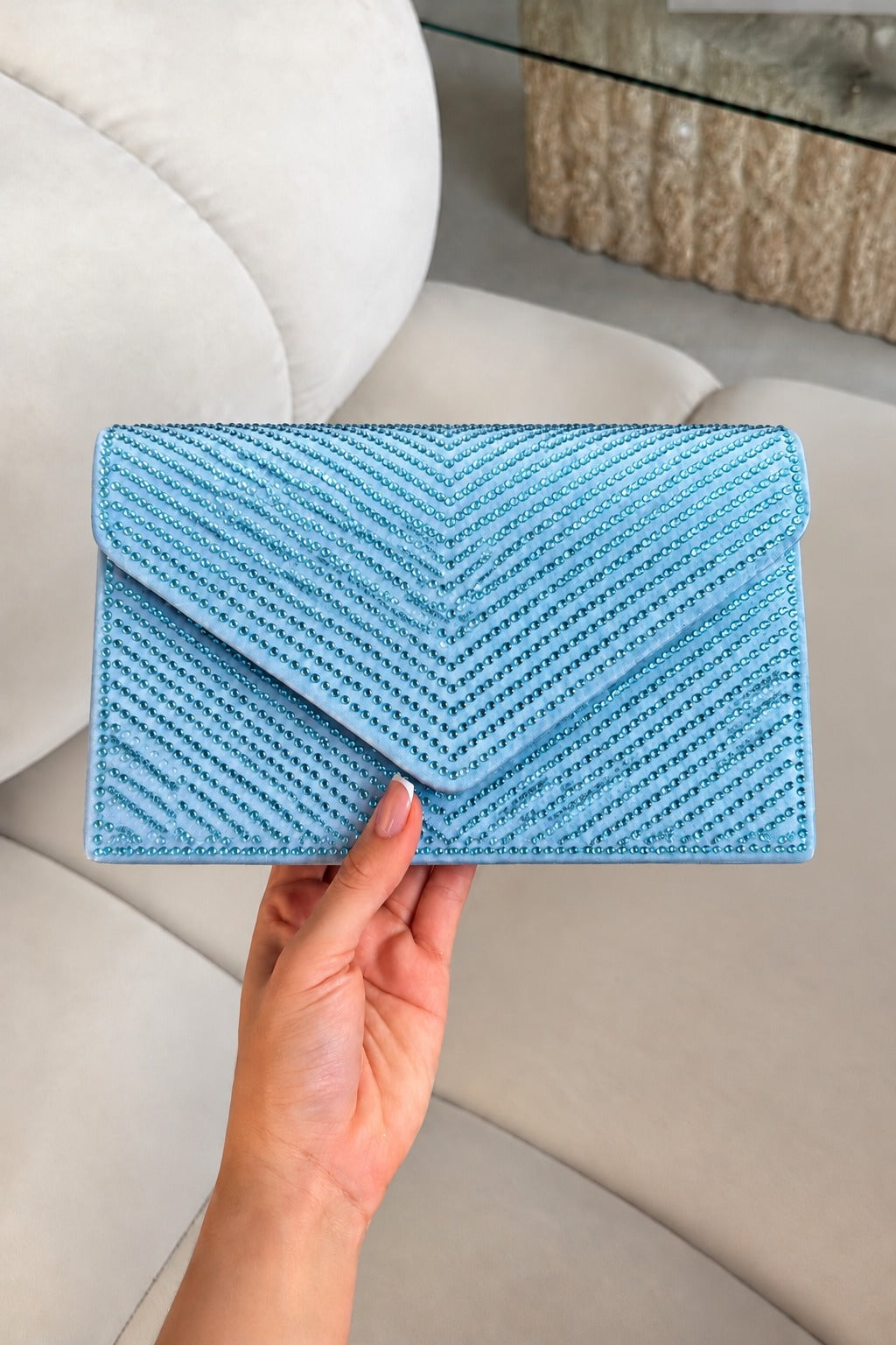 Crystal Glam Envelope Clutch Bag Light Blue