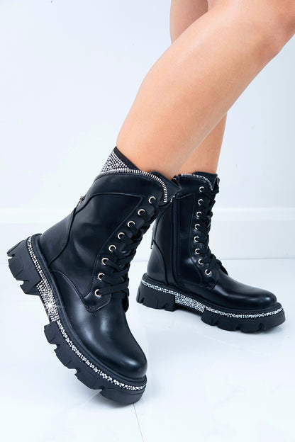 Crystal Glam Warrior Biker Boots Black