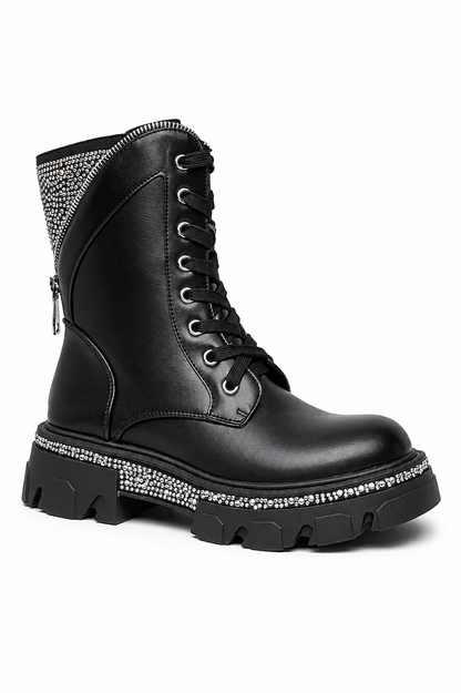Crystal Glam Warrior Biker Boots Black