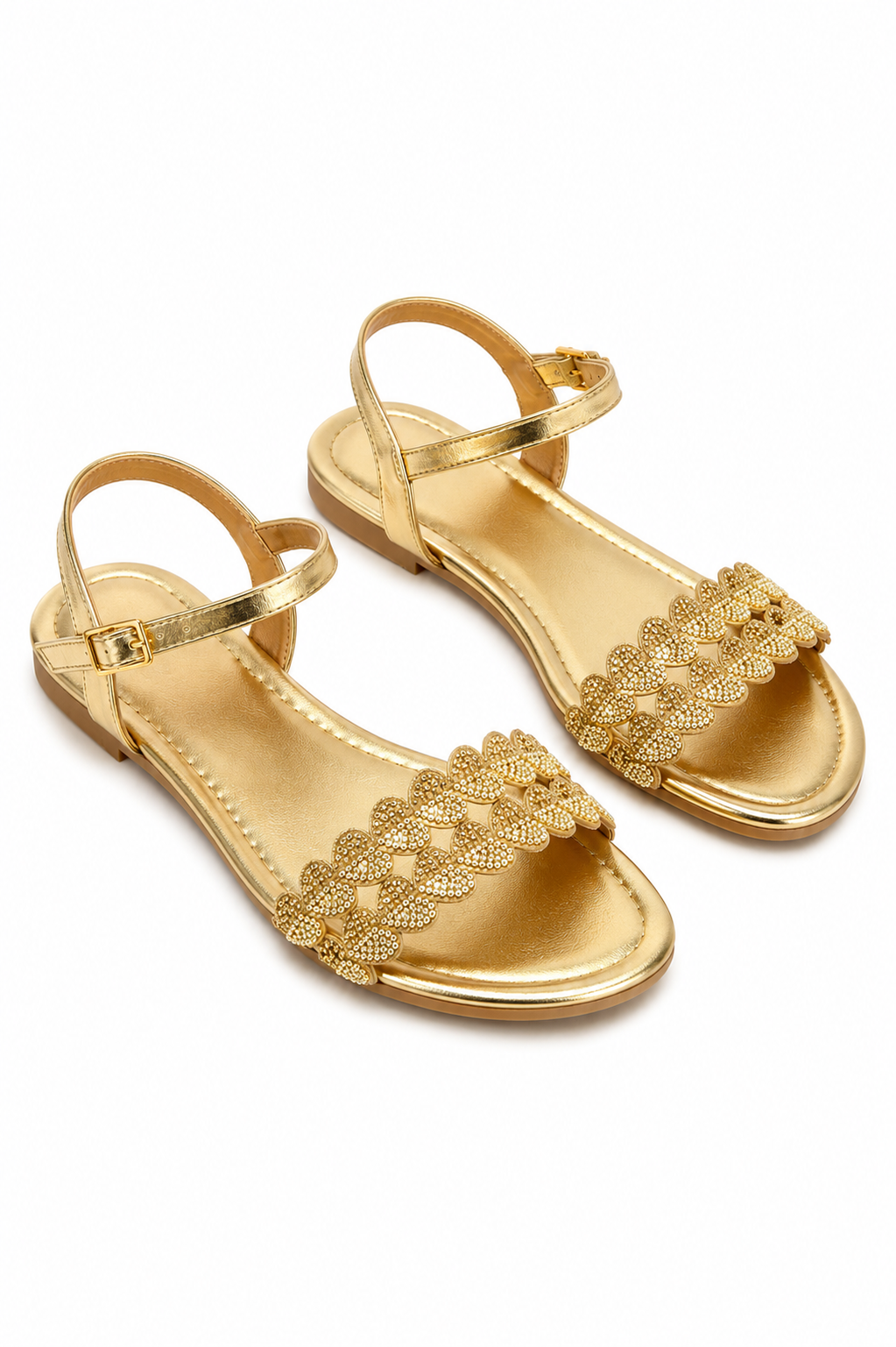 Crystal Heart Embellished Strap Sandals Gold