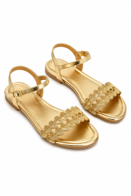 Crystal Heart Embellished Strap Sandals Gold