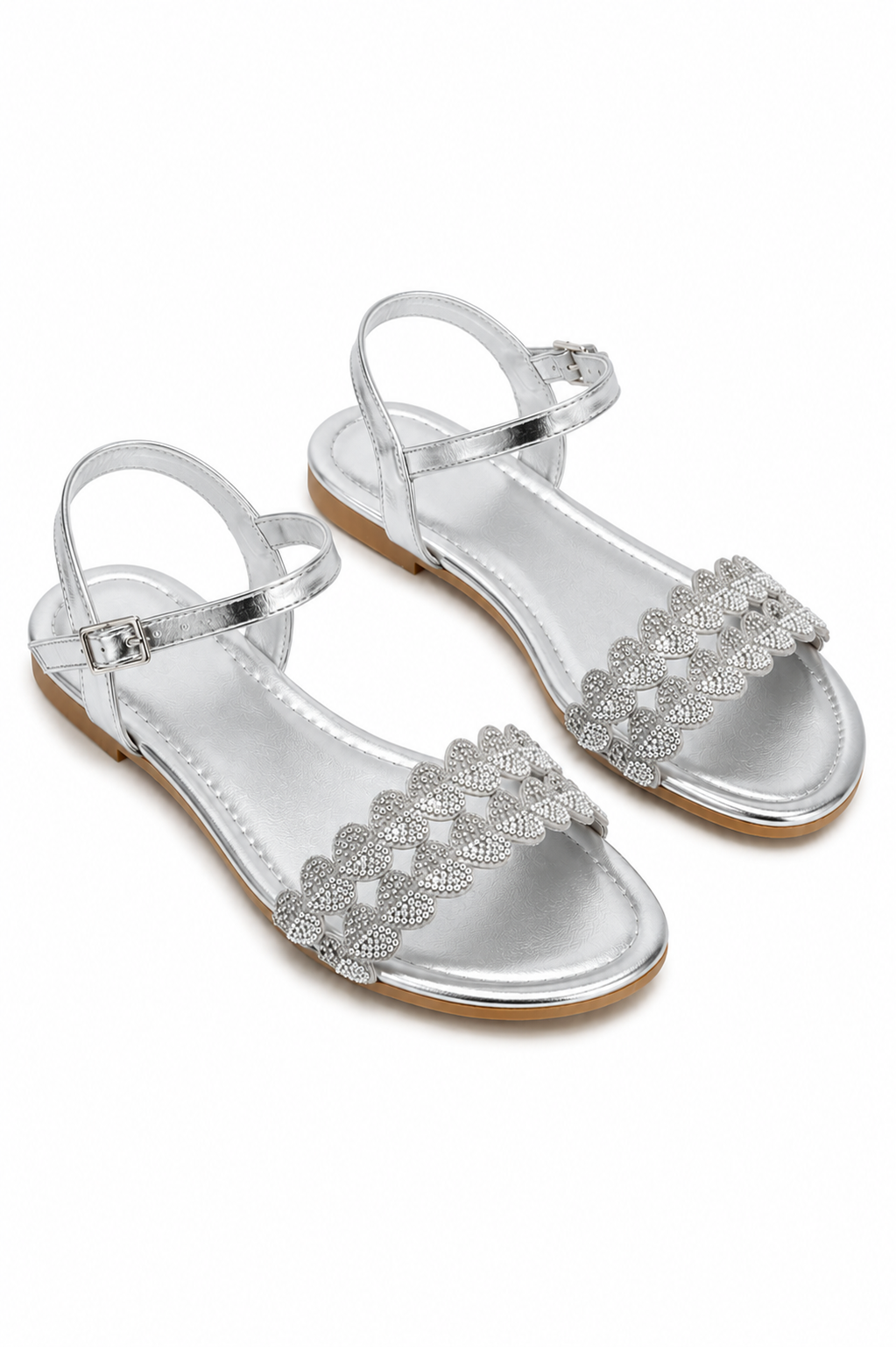 Crystal Heart Embellished Strap Sandals Silver