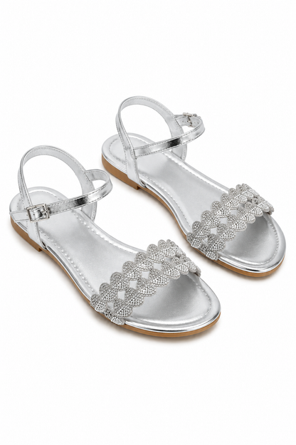 Crystal Heart Embellished Strap Sandals Silver