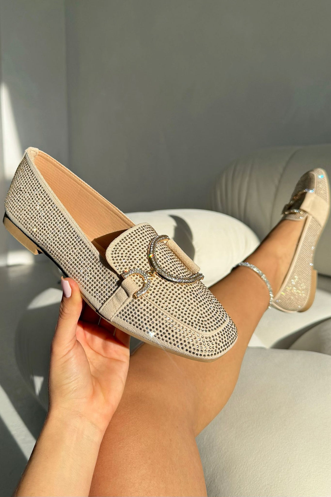 Crystal Imperial Suede Loafers Nude finished with slip on Loafers