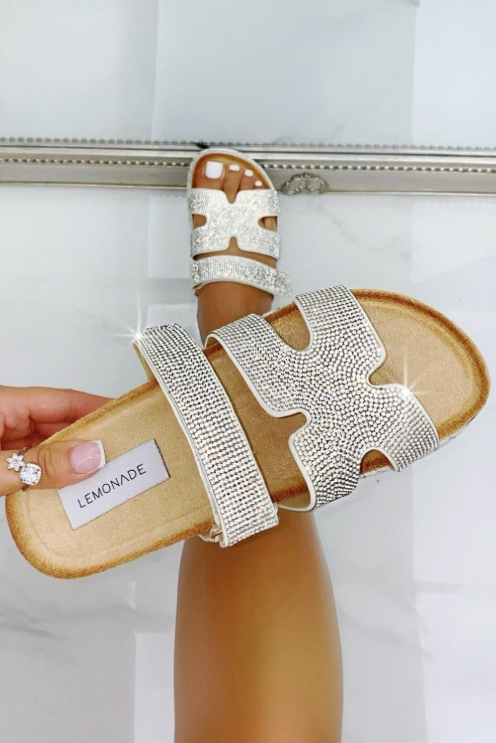 Crystal Luxe Double Strap Sliders Silver
