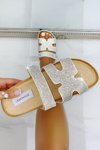 Crystal Luxe Double Strap Sliders Silver