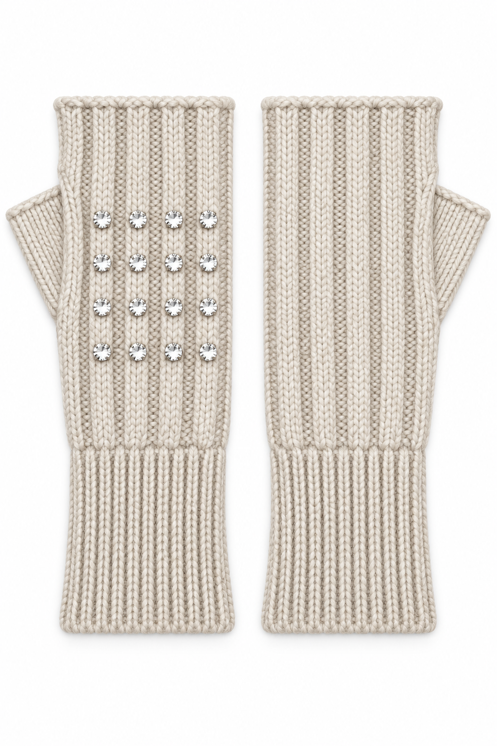 A pair of cream-colored ribbed knit fingerless gloves decorated with twelve clear rhinestones arranged in a grid on the left glove, displayed against a solid white background.