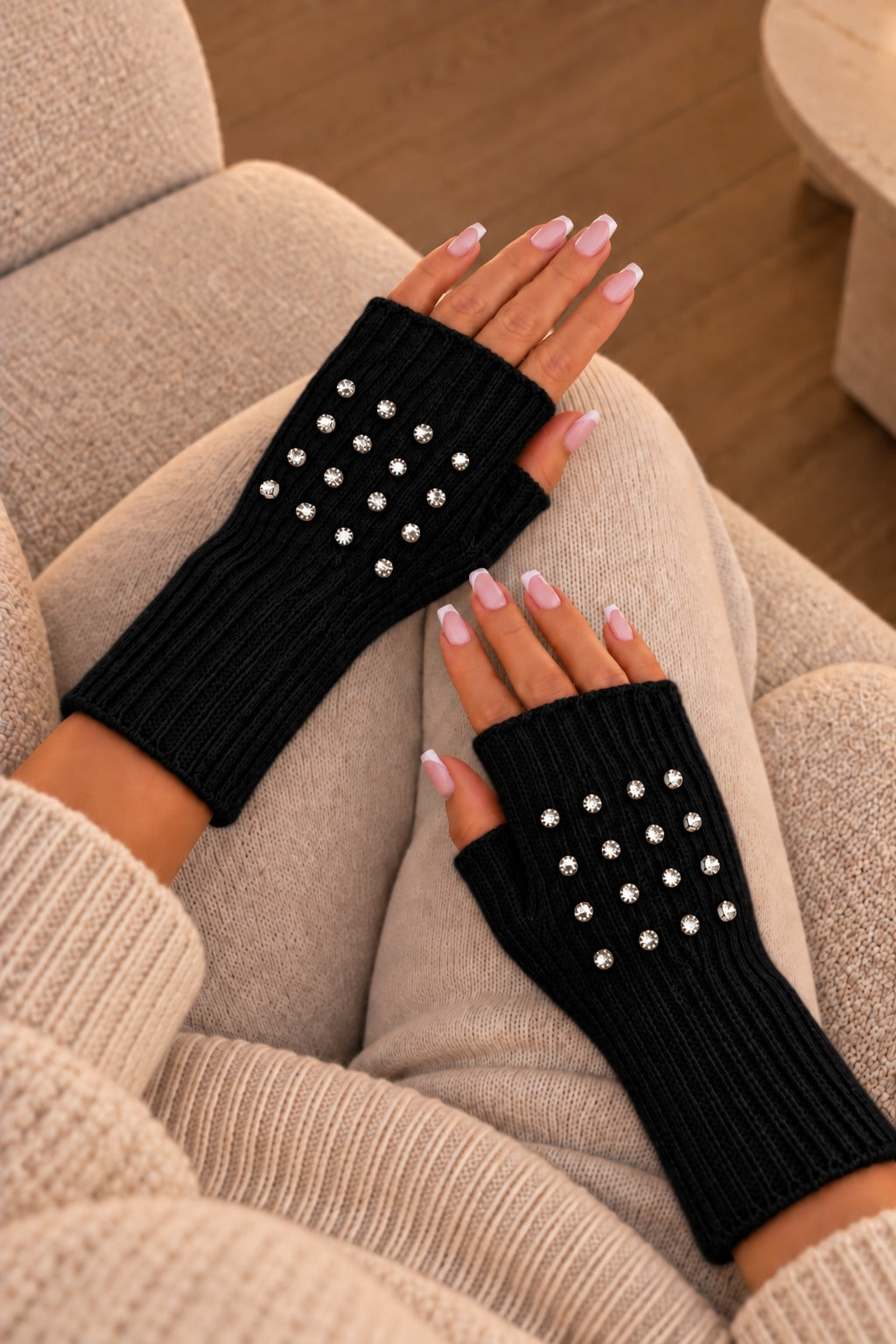Crystal Luxe Fingerless Gloves Black