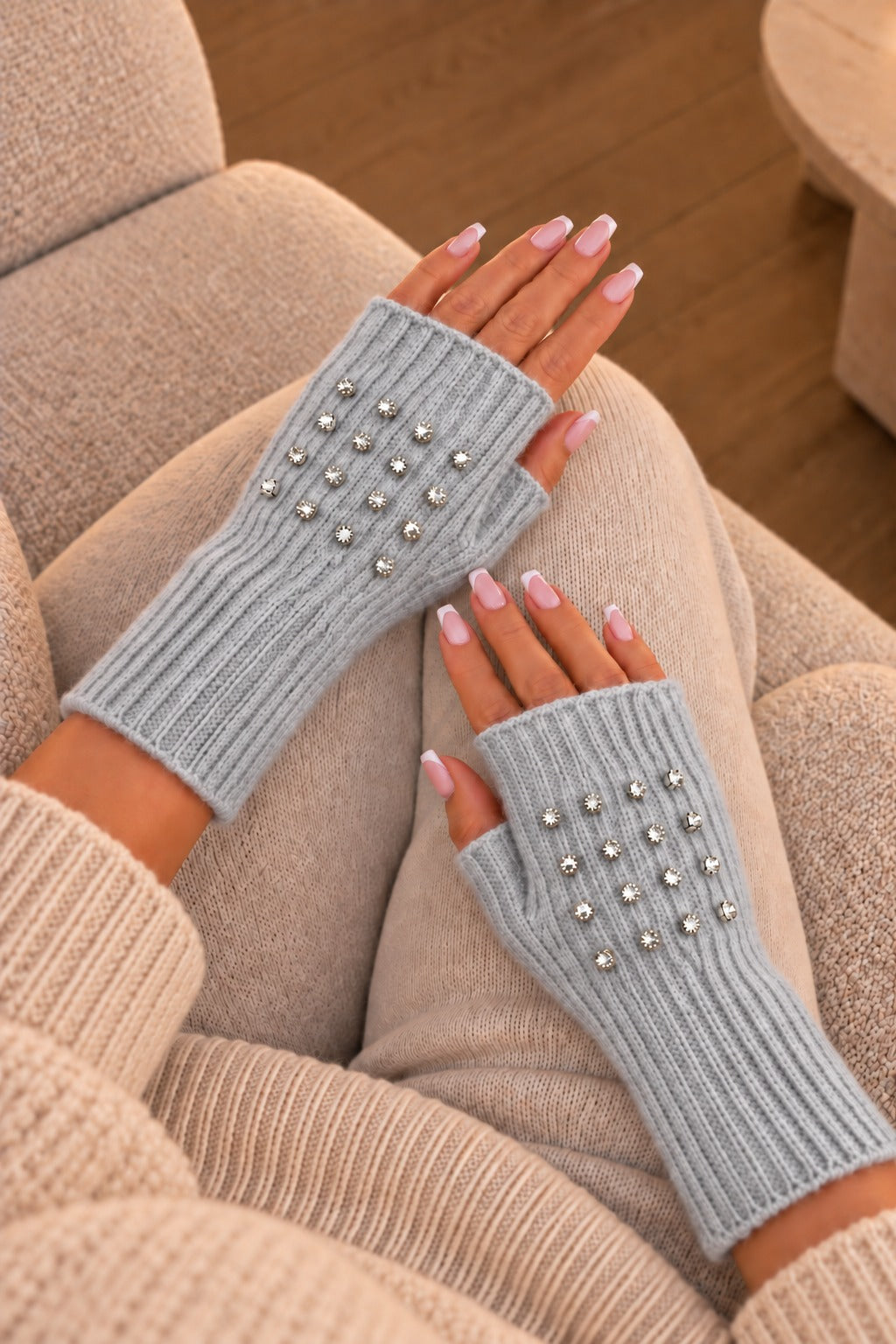 Crystal Luxe Fingerless Gloves Grey