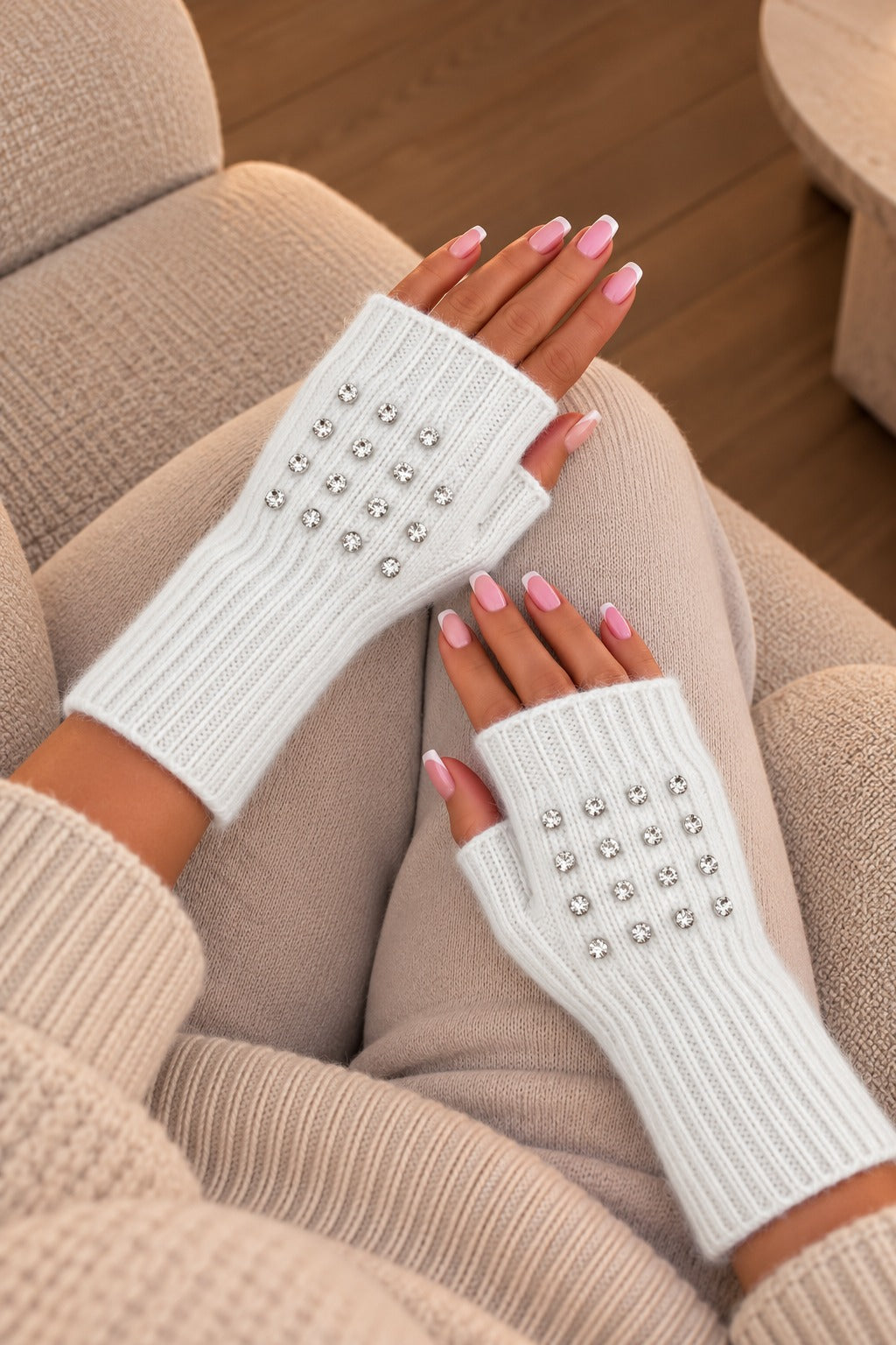 Crystal Luxe Fingerless Gloves White