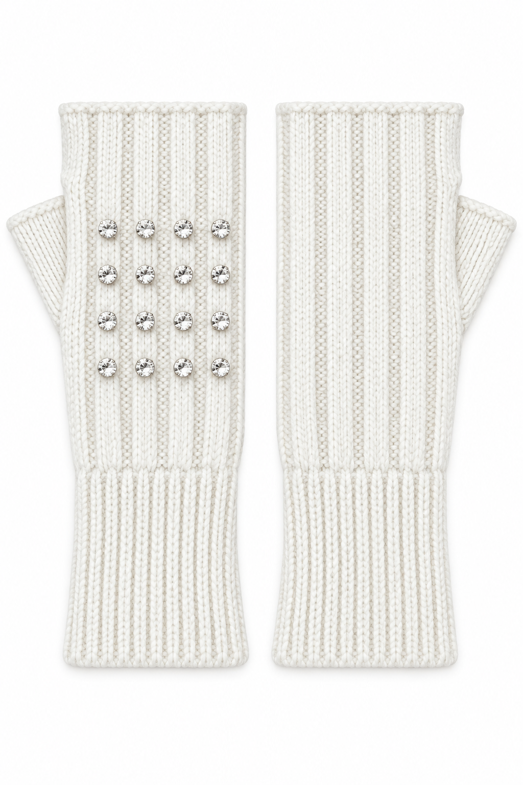 A pair of off-white ribbed knit fingerless gloves decorated with a grid of clear rhinestones on the back of the hand, shown against a plain white background.