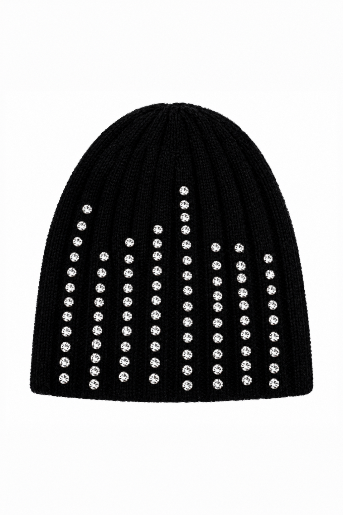 A black ribbed knit beanie hat embellished with vertical columns of silver rhinestones on a plain white background.