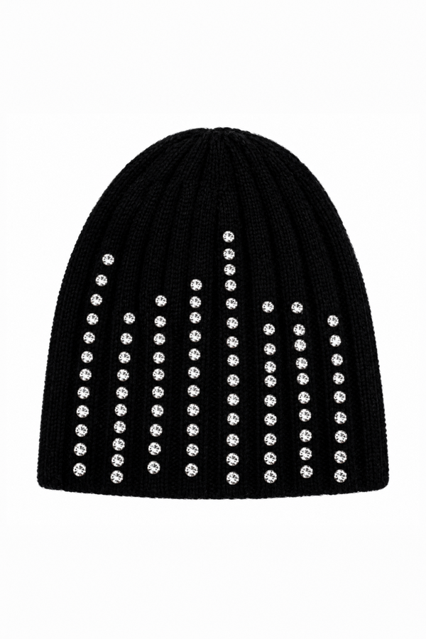 A black ribbed knit beanie hat embellished with vertical columns of silver rhinestones on a plain white background.