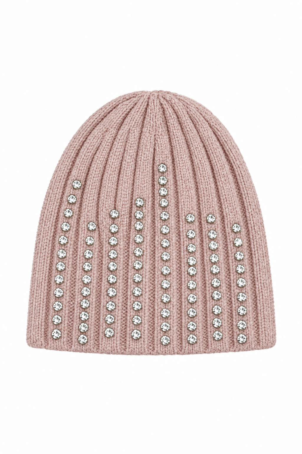 A ribbed knit beanie hat in a dusty pink color, embellished with vertical columns of clear rhinestones on the front, set against a plain white background.