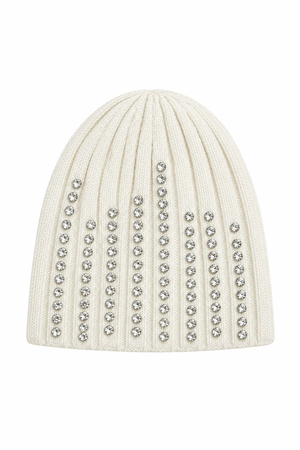 An off-white ribbed knit beanie hat embellished with vertical columns of silver rhinestone studs, shown against a plain white background.