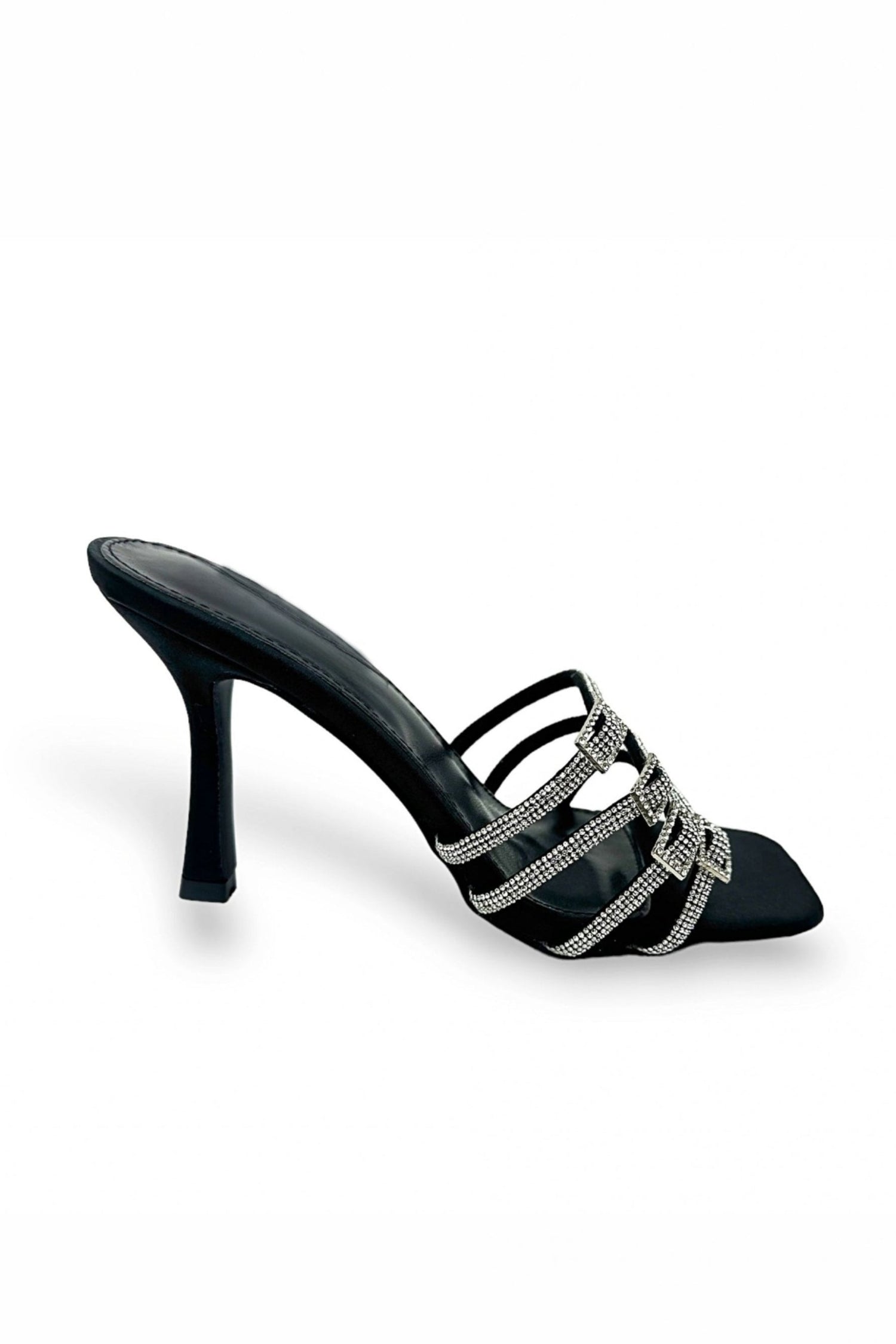 Black high-heeled sandal with silver straps on a white background