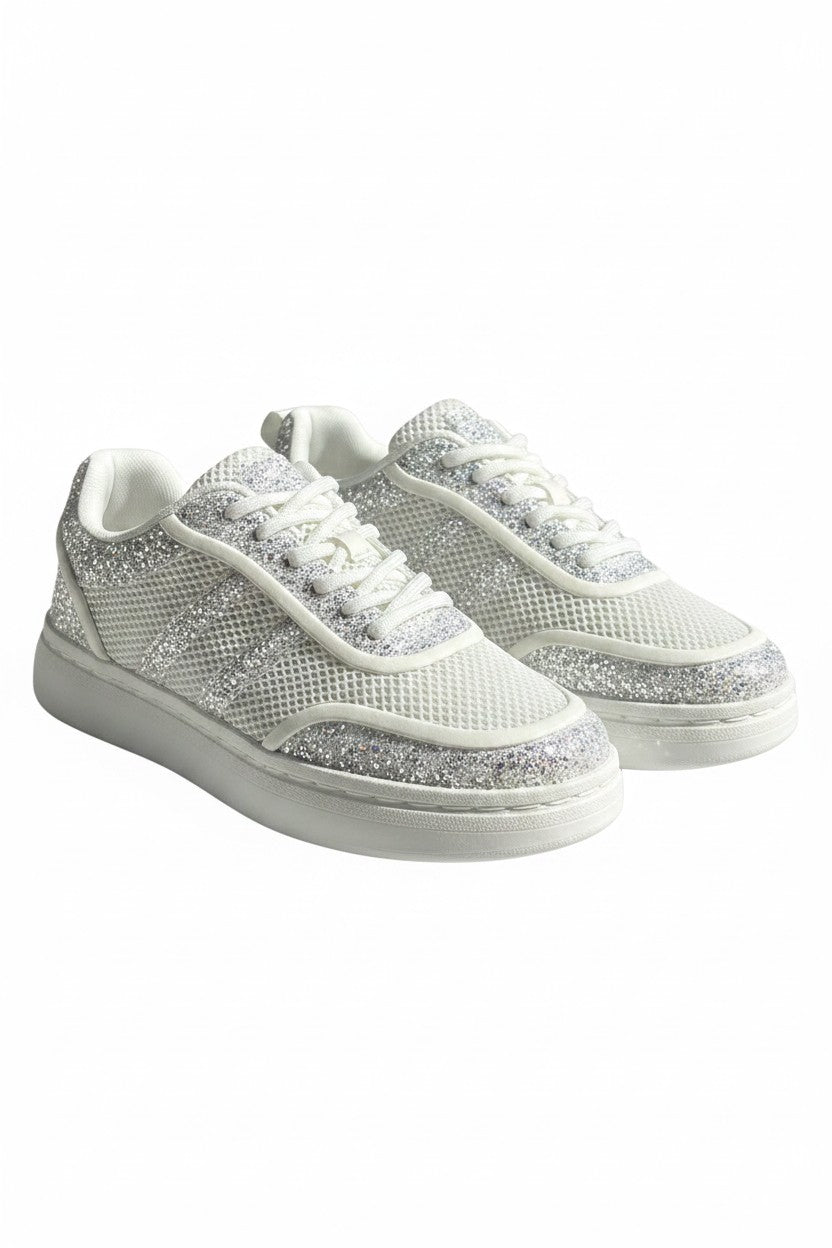 Crystal Nova Sparkle Stripe Lace-Up Trainers White
